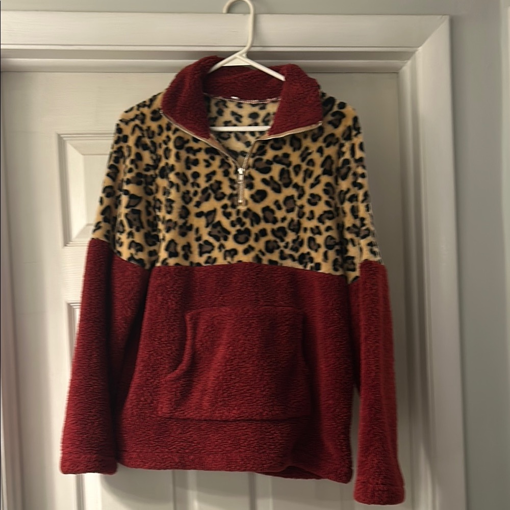 Leopard Print and Red Sherpa Pullover